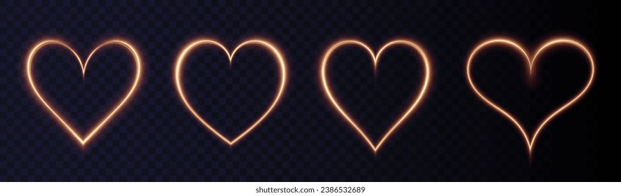 Heart white with flashes isolated on transparent background. Light heart for holiday cards, banners, invitations. Heart-shaped gold wire glow. PNG vector	
