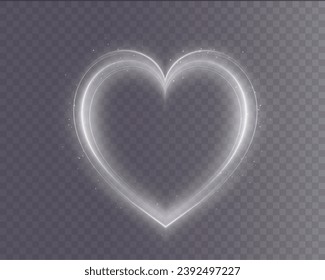  Heart white with flashes isolated on transparent background. Light heart for holiday cards, banners, invitations. Heart-shaped gold wire glow. PNG image