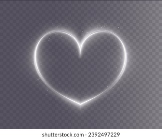  Heart white with flashes isolated on transparent background. Light heart for holiday cards, banners, invitations. Heart-shaped gold wire glow. PNG image