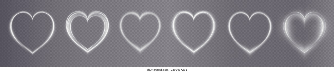  Heart white with flashes isolated on transparent background. Light heart for holiday cards, banners, invitations. Heart-shaped gold wire glow. PNG image