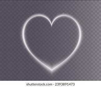 Heart white with flashes isolated on transparent background. Light heart for holiday cards, banners, invitations. Heart-shaped gold wire glow. PNG image