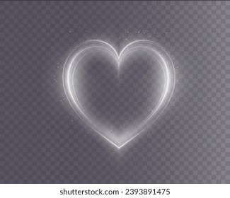 Heart white with flashes isolated on transparent background. Light heart for holiday cards, banners, invitations. Heart-shaped gold wire glow. PNG image