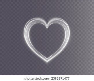 Heart white with flashes isolated on transparent background. Light heart for holiday cards, banners, invitations. Heart-shaped gold wire glow. PNG image