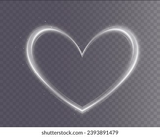 Heart white with flashes isolated on transparent background. Light heart for holiday cards, banners, invitations. Heart-shaped gold wire glow. PNG image