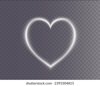 Heart white with flashes isolated on transparent background. Light heart for holiday cards, banners, invitations. Heart-shaped gold wire glow. PNG image	