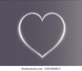 Heart white with flashes isolated on transparent background. Light heart for holiday cards, banners, invitations. Heart-shaped gold wire glow. PNG image	