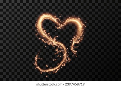 Heart white with flashes isolated on transparent background. Light heart for holiday cards, banners, invitations. Heart-shaped gold wire glow. PNG vector