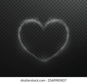 Heart white with flashes isolated on transparent background. Light smoke heart for holiday cards, banners, invitations. Heart-shaped neon wire glow.