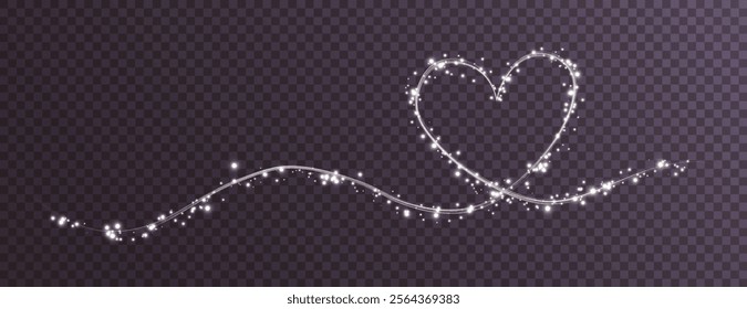 Heart white with flashes isolated on transparent background. Light heart for holiday cards, banners, invitations. Heart-shaped neon wire glow.	
