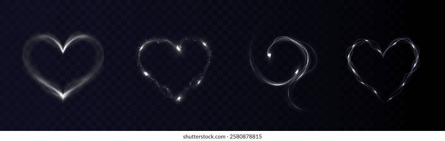 Heart white with flashes isolated on transparent background. Light heart for holiday cards, banners, invitations. Heart-shaped neon wire glow.	
