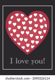 A heart with white little hearts inside and the inscription I love you. Vector isolated image on a dark background for use in the design of a postcard or banner