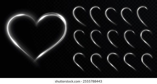 Heart, white on dark background. Light heart for holiday cards, banners, invitations. Heart of light line. 