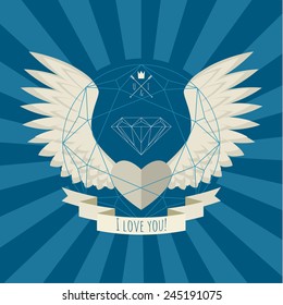 Heart with white wings on blue background. Vector illustration. Card of Valentine's day