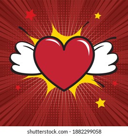 Heart with white wings vector illustration. Red comics background with heart.