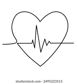 Heart whith hearbeat continuous one line drawing on white background