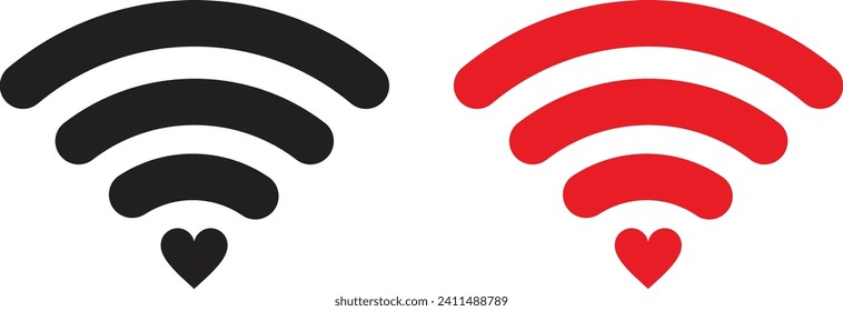 Heart wifi icon set in black and red colors . Heart wifi . Heart connect icon .Vector illustration