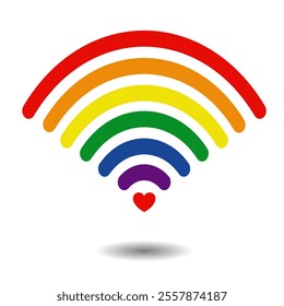 Heart wi-fi signal symbol. Inclusive Pride Flag Rainbow. LGBTQ+ Flag Rainbow. Love connection icon. Wi-Fi hotspot connection logo. Internet, wireless network sign. Valentine's day. Online digital dati