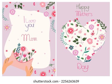 A heart of wildflowers and a bouquet inside an envelope. Mother's Day greeting cards. Bright compositions suitable for banners, posters, cards. Vector graphics