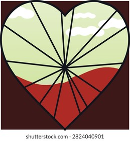Heart window frame, abstract landscape, red liquid, green sky, clouds, simple design, vector art.