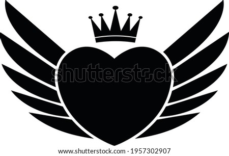 Heart, wing, and crown vector image as a clipart for logo design. Editable color.