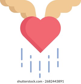 Diseño plano del icono de la boda de la mosca del ala del corazón