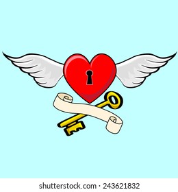Heart Wing Scroll and Key Isolated cartoon vector