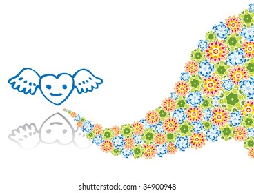 Heart with wings in abstract collage. Format A4. Vector illustration. Isolated groups and layers. Global colors.