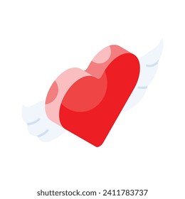 Heart with wings, angel heart isometric vector design, icon of love angel