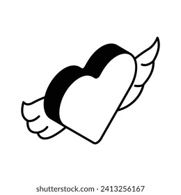 Corazón con alas, diseño vectorial isométrico del corazón de ángel, icono del ángel de amor