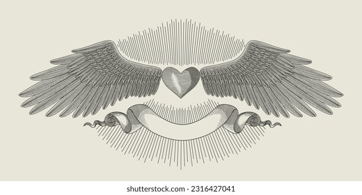 heart with wings and banner  vintage engraving vector illustration