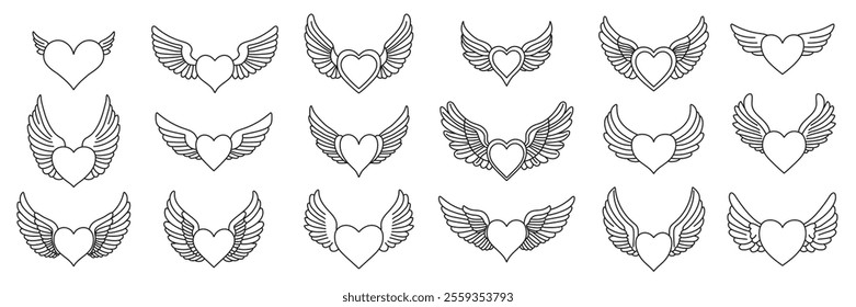 Heart with wings black linear set. Hand drawn decorative elements collection perfect for Valentine's Day designs, tattoos, greeting cards, posters, stickers, and scrapbooking.