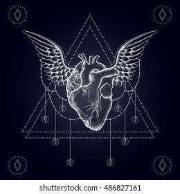 Heart with wings, boho blackwork, dotwork tattoo. Bohemian vector illustration, nautical mystical symbol of love, tattoo design, sketch isolated on dark for t-shirt print, poster, textile.