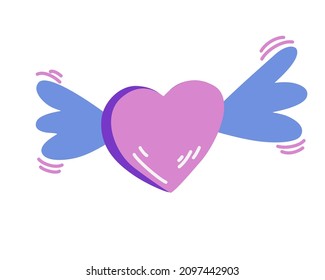 Heart with wings. Cartoon heart. Perfect for print, stickers, Valentines day. Symbol of love. Flat Style Vector Illustration