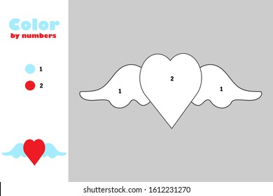 Heart with wings in cartoon style, color by number, education paper game for the development of children, coloring page, kids preschool activity, printable worksheet, vector illustration