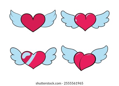 Heart with Wings Cartoon Style Vector Illustration Collection