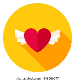 Heart with Wings Circle Icon. Flat Design Vector Illustration with Long Shadow. Happy Valentine Day Symbol.