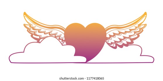 Heart with wings and clouds rainbow lines