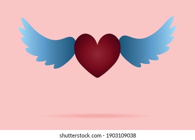 Corazón con alas. Ilustración vectorial coloreada. Corazón sangriento. Fondo aislado. Día de San Valentín. El corazón se dispara en el aire, proyectando una sombra.