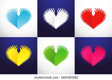 Heart as wings. Creative logo on white and dark sky blue background. Abstract isolated graphic design template. Branding concept. Logotype element, coloured collection. Flying in heaven 3D heart set.