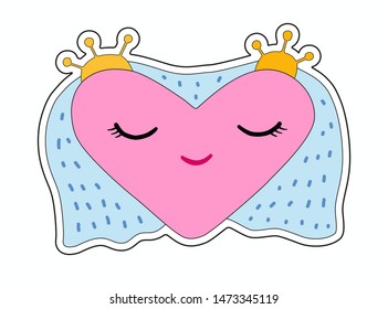 Heart wings and a crown in the form of a sticker. Drawing in cartoon or flat style for decoration, design, etc. Flying heart. Vector illustration isolated on a white background.