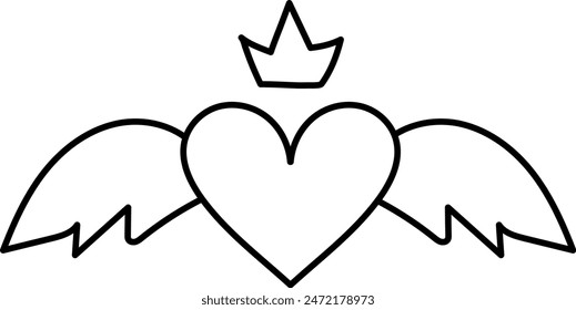 Heart with Wings and Crown Outline