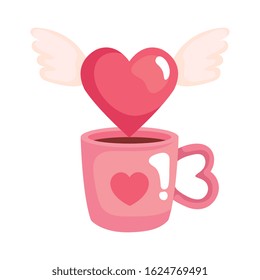 heart with wings and cup coffee vector illustration design