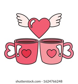 heart with wings and cups coffee vector illustration design