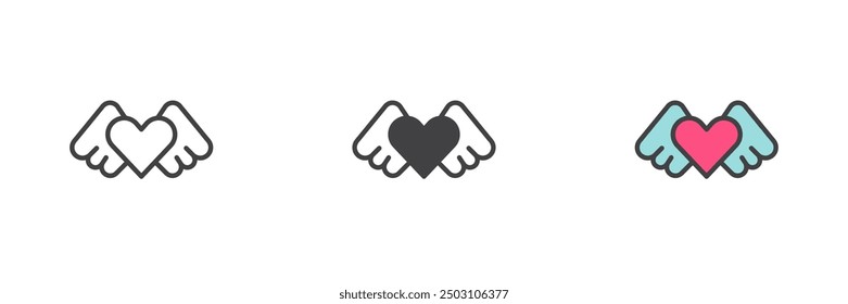 Heart with wings different style icon set. Line, glyph and filled outline colorful version, outline and filled vector sign. Symbol, logo illustration. Vector graphics