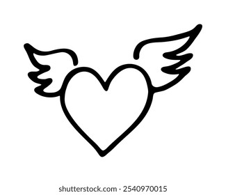 Heart with wings doodle marker. Outline of heart drawn by hand with marker, pen, sketch, doodle. Symbol of love, holiday Valentine's Day wedding. Print for design,vector white background. EPS 10