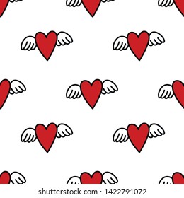 heart with wings doodle seamless pattern, vector illustration