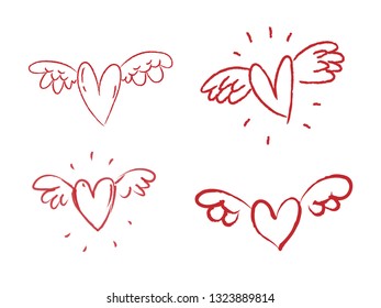 Heart with wings doodle set