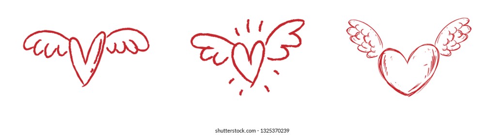 Heart with wings doodle set
