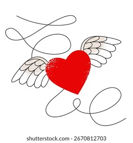 heart with wings is drawn with a contour and texture. flight path forms the word love. flat drawing. stock vector illustration. EPS 10.