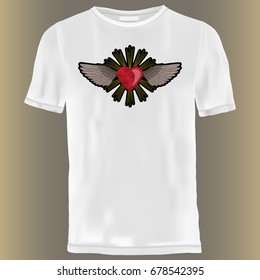 Heart and wings embroidery patch. Needlework textile decor for t-shirt.